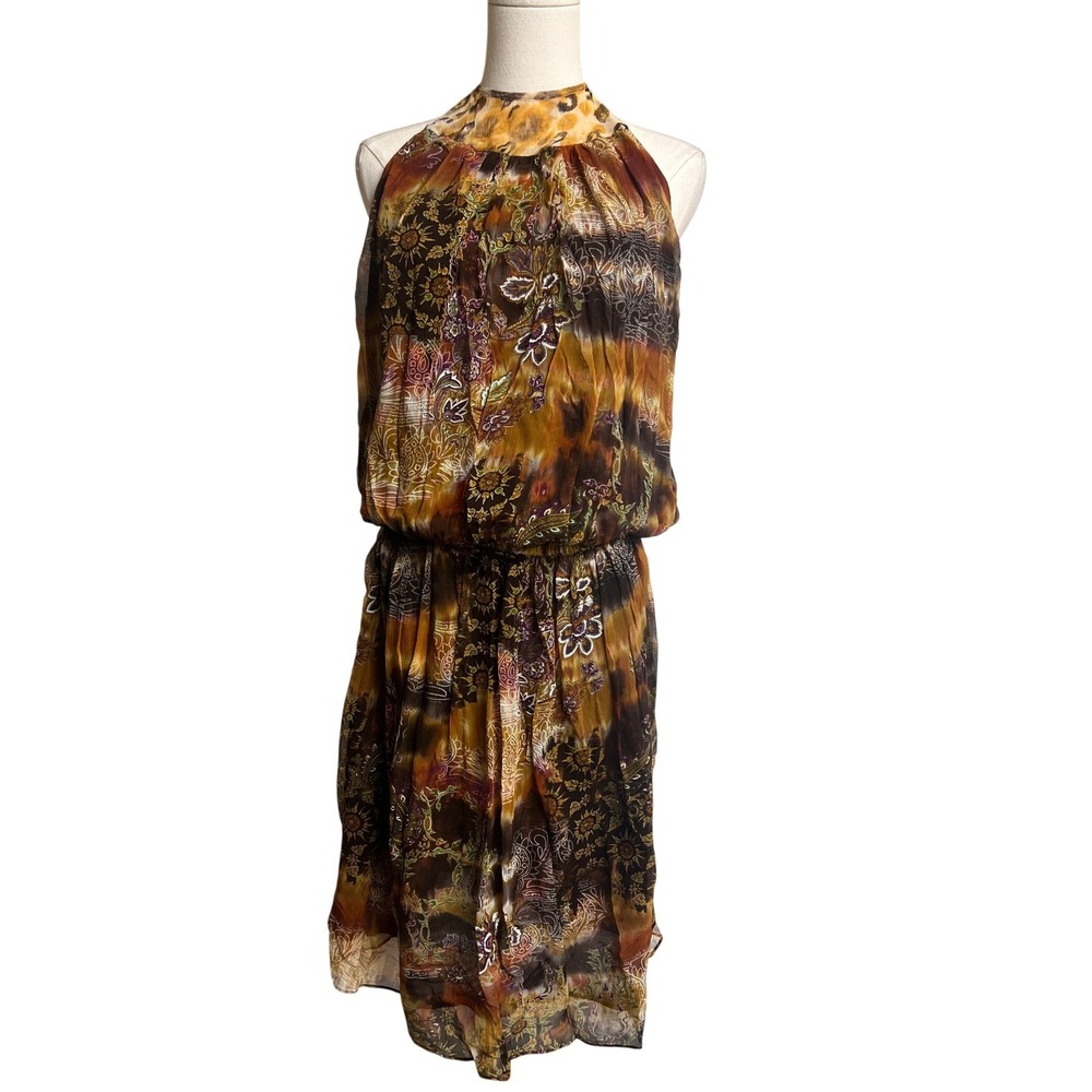 Vintage Y2K 100% SILK Halter Mini Dress Size 14 Open Back Lined Boho Browns
